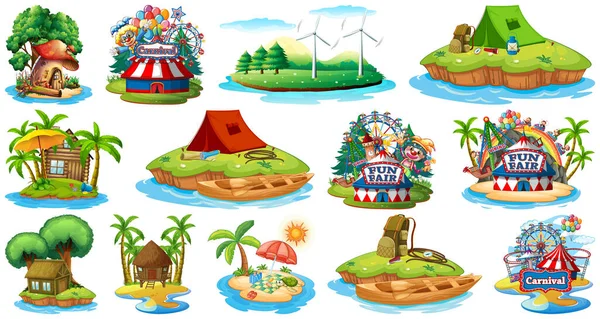 Set Különböző Bangalow Sziget Strand Téma Vidámpark Elszigetelt Fehér Háttér — Stock Vector