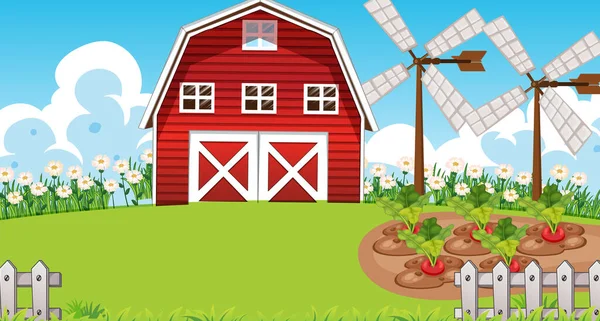 Scena Gospodarstwa Rolnego Przyrodzie Stodołą Wiatrakiem Ilustracja — Wektor stockowy