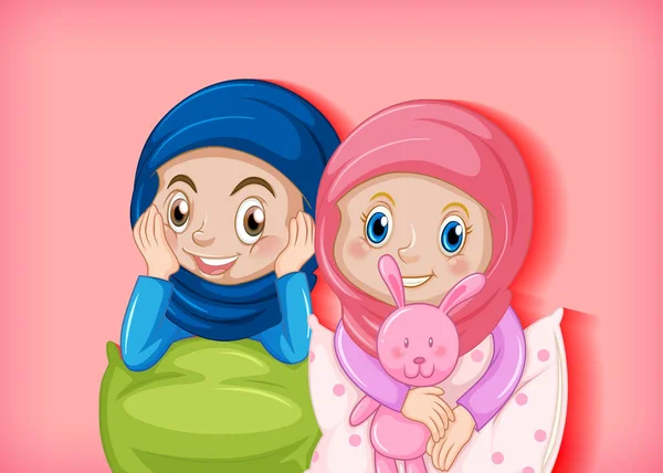Bahagia Muslim Gadis Dalam Gambar Piyama - Stok Vektor