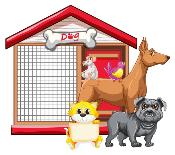 Gabbia Cani Con Gruppo Animale Cartone Animato Isolato Illustrazione — Vettoriale Stock