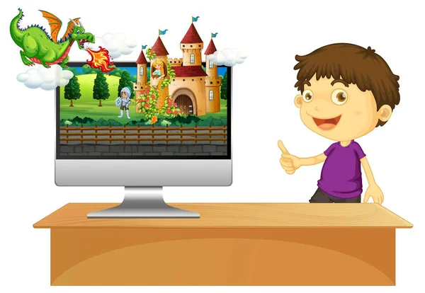 Boy Next Computer Fairy Tale Background Illustration — Stock Vector