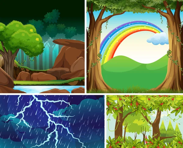 森林卡通风格图解中四个不同的自然灾害场景 — 图库矢量图片