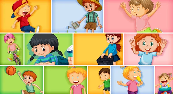 Ensemble Différents Personnages Pour Enfants Sur Différentes Illustrations Couleur Fond — Image vectorielle