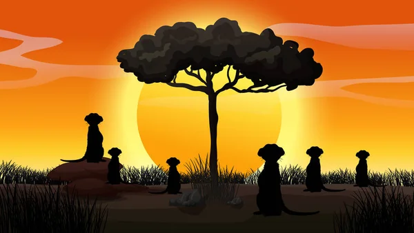 Buiten Natuur Silhouet Zonsondergang Scène Illustratie — Stockvector