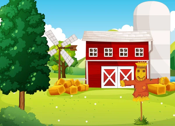 Farm Scene Nature Farm Factory Scarecrow Illustration — Stock Vector