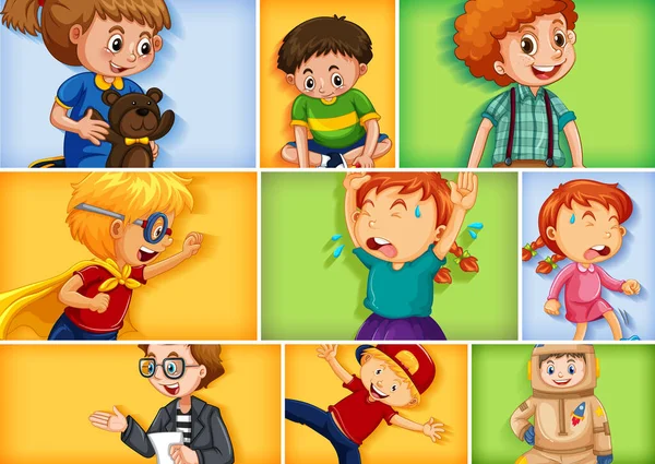 Conjunto Diferentes Personajes Infantiles Diferentes Ilustraciones Fondo Color — Vector de stock