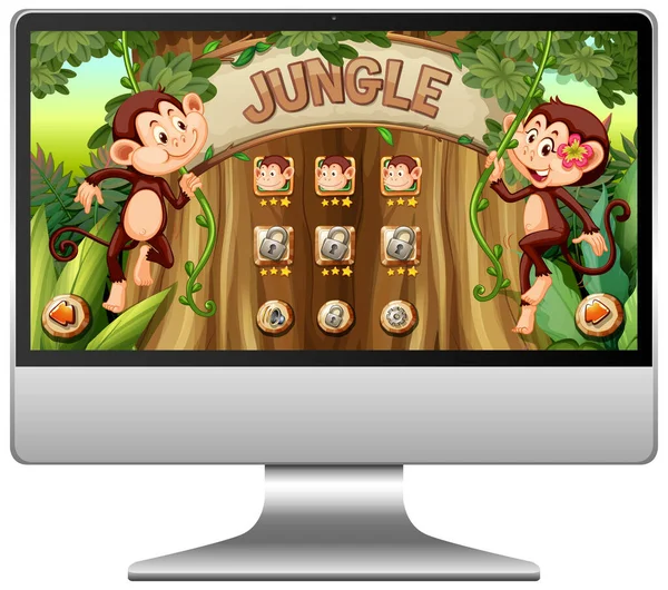 Gra Dżungli Ekranie Komputera Ilustracji — Wektor stockowy