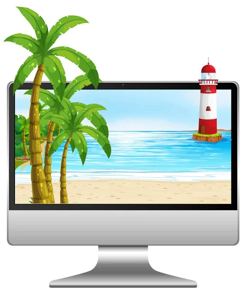 Υπολογιστής Στο Τραπέζι Την Παραλία Στην Οθόνη Εικονογράφηση — Διανυσματικό Αρχείο