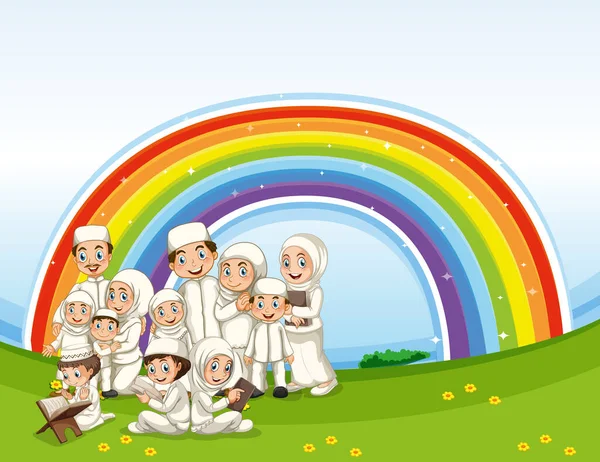 Arab Muslim Family Traditional Clothing Rainbow Background Illustration — Stock Vector