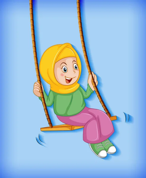 Happy Muslim Girl Sit Swing Illustration — Stock Vector