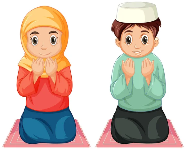 阿拉伯穆斯林男孩和女孩身着传统服装 坐在白色背景图上 坐在孤立的位置上祈祷 — 图库矢量图片