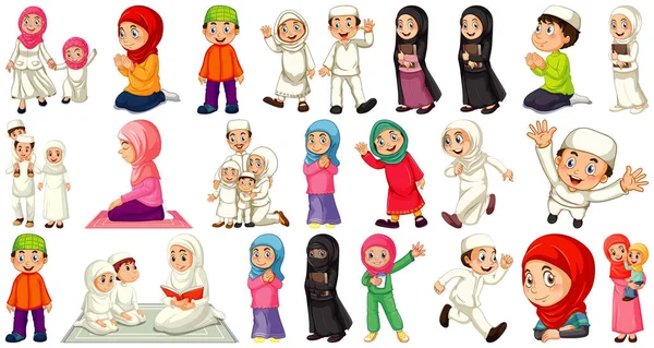 Set Von Verschiedenen Muslimischen Menschen Cartoon Figur Isoliert Auf Weißem — Stockvektor