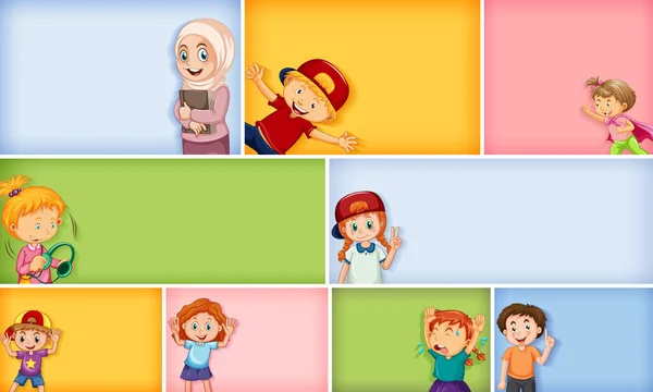 不同颜色背景图上的一组不同的儿童字符 — 图库矢量图片