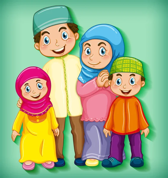Anggota Keluarga Muslim Pada Kartun Karakter Warna Gradien Latar Belakang - Stok Vektor