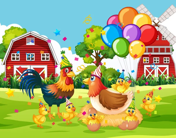 農場の背景イラストのパーティーテーマの多くの鶏 — ストックベクタ