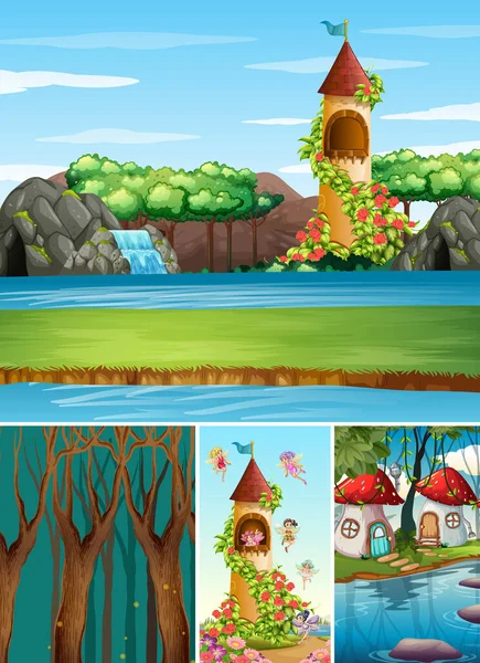 幻想世界的四个不同场景 有幻想的地方 如瀑布城堡和蘑菇村的图解 — 图库矢量图片