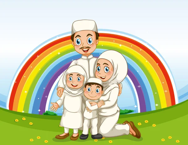 虹の背景のイラストを持つ伝統的な服のアラブのイスラム教徒の家族 — ストックベクタ