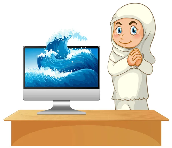 Muslimisches Mädchen Neben Computerillustration — Stockvektor