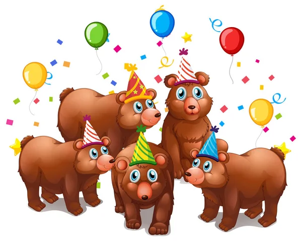 Bear Groep Party Thema Cartoon Karakter Witte Achtergrond Illustratie — Stockvector