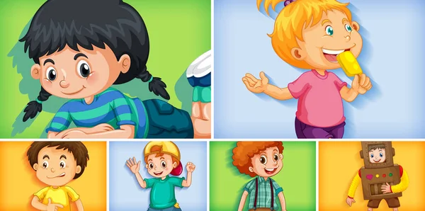 Farklı arkaplan resimlerinde farklı çocuk karakterleri kümesi