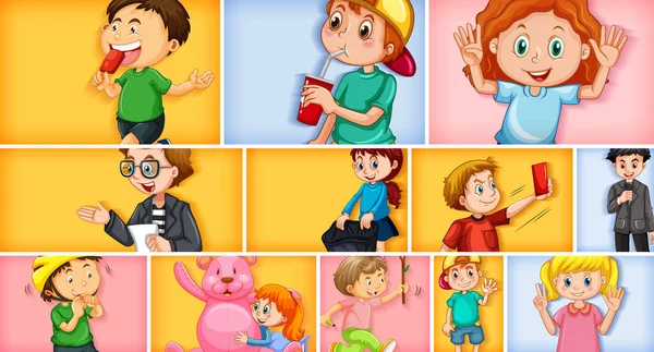 Farklı arkaplan resimlerinde farklı çocuk karakterleri kümesi
