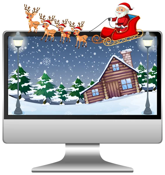 Dator Med Xmas Tema Skrivbord Bakgrund Illustration — Stock vektor