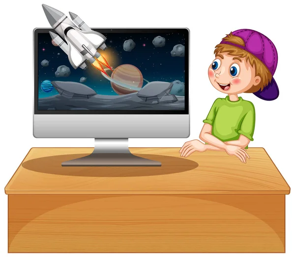 Niño Lado Computadora Con Ilustración Fondo Espacio — Archivo Imágenes Vectoriales