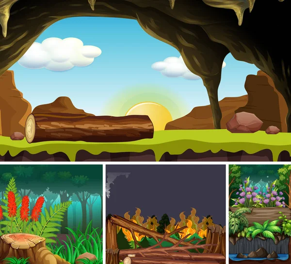 Quatre Différentes Scènes Nature Forêt Illustration Style Dessin Animé — Image vectorielle