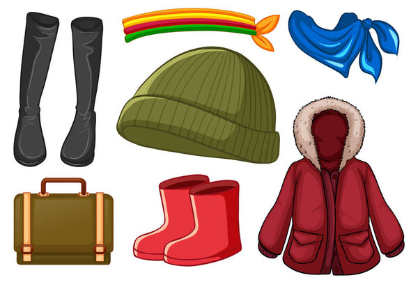 Set of fashion outfits and accessories on white background illustration
