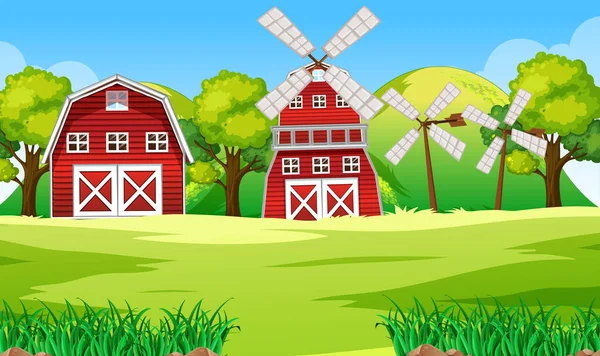 Boerderij Scene Natuur Met Schuur Windmolen Illustratie — Stockvector