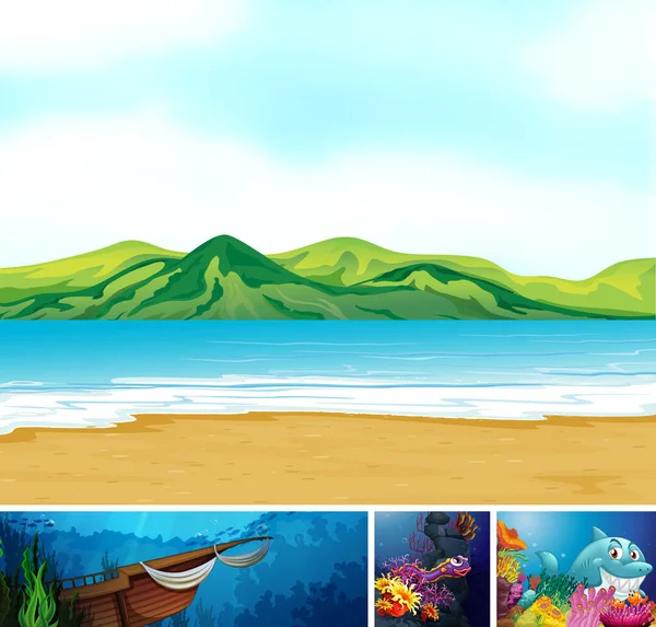 熱帯ビーチの4つの異なるシーンと海の生き物漫画スタイルのイラストと水中 — ストックベクタ