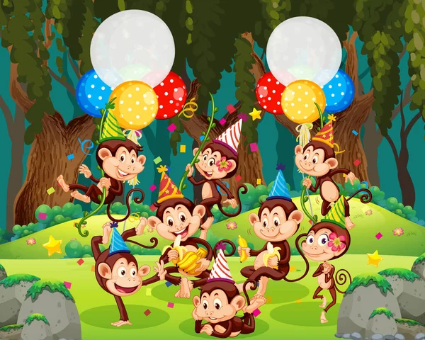 Monkey Groep Party Thema Cartoon Karakter Bos Achtergrond Illustratie — Stockvector