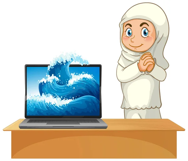 Muszlim Lány Mellett Számítógép Fehér Háttér Illusztráció — Stock Vector