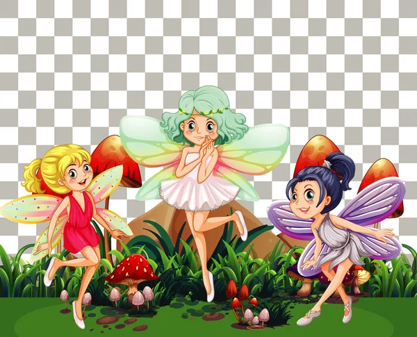 Cute Fairies Garden Transparent Background Illustration — Stock Vector