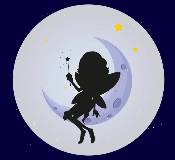 Fata Silhouette Sulla Luna Sfondo Illustrazione — Vettoriale Stock