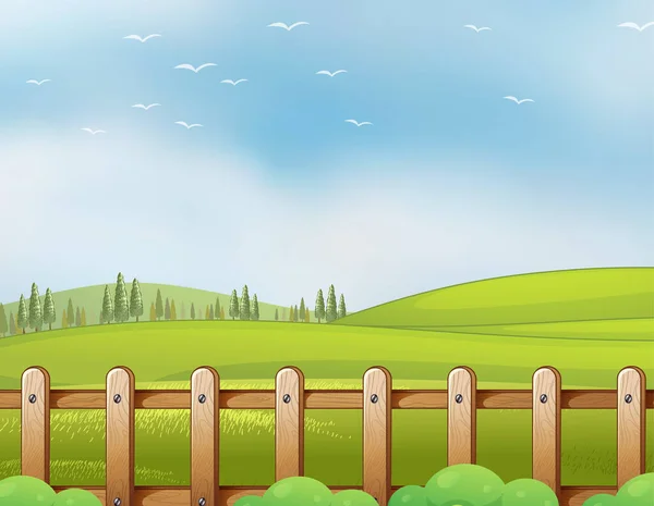 Granja Escena Naturaleza Con Cielo Azul Brillante Blanco Ilustración — Vector de stock