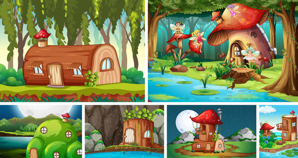 Six different scene of fantasy world with beautiful fairies in the fairy tale illustration