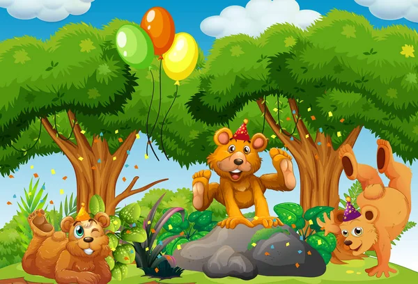 Wiele Niedźwiedzi Tematyce Party Lesie Przyrody Tła Ilustracji — Wektor stockowy