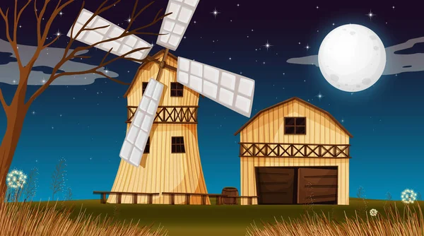 Bauernhofszene Mit Scheune Und Windmühle Bei Nacht Illustration — Stockvektor