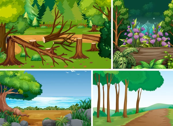 森の漫画風イラストの4つの異なるシーン — ストックベクタ