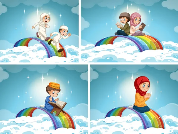 空のイラストで虹の上にイスラム教徒のカップルの子供のセット — ストックベクタ