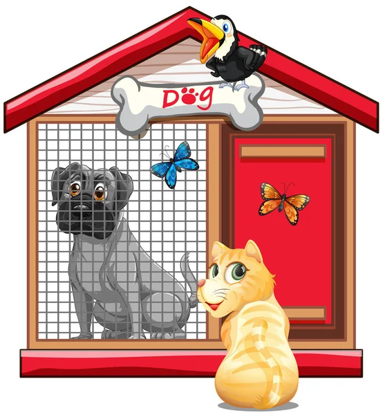 Hundekäfig Mit Hund Katze Und Vogel Karikatur Isolierte Illustration — Stockvektor
