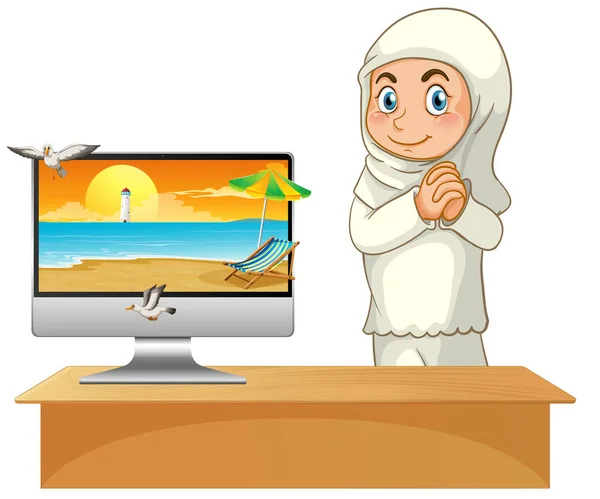 Muslimisches Mädchen Neben Computer Mit Strand Auf Dem Bildschirm Illustration — Stockvektor