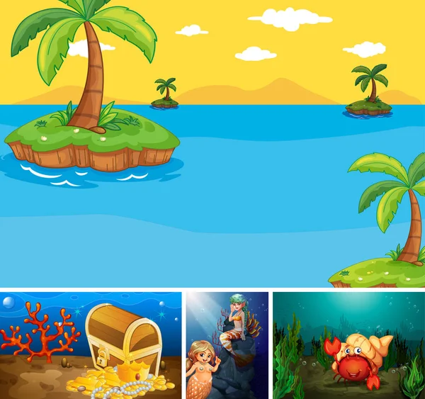 熱帯ビーチの4つの異なるシーンと海の生き物漫画スタイルのイラストと水中 — ストックベクタ