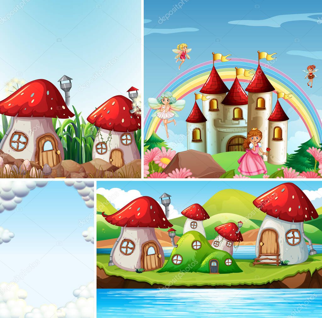 Four different scene of fantasy world with fantasy places such as mushroom village and castle with rainbow illustration