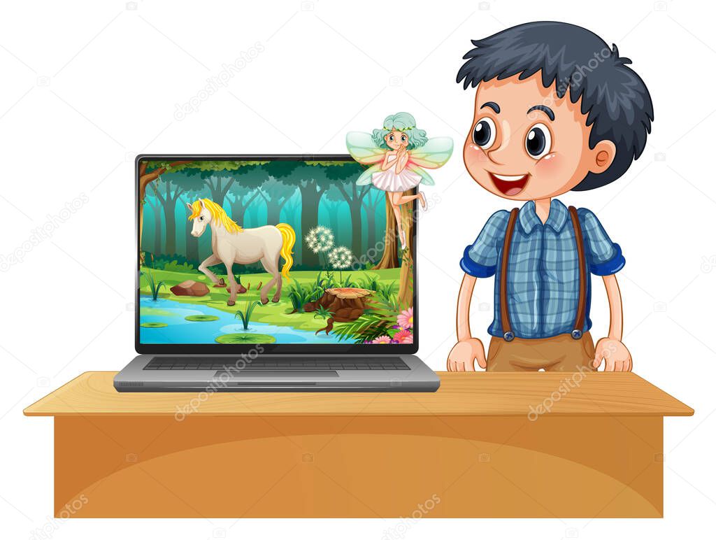 Magic forest desktop background on laptop illustration