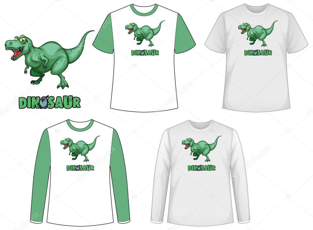 Set of different types of shirt in dinosaur theme with dinosaur logo illustration