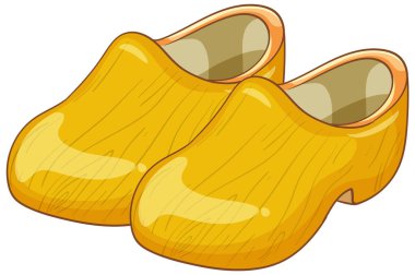 Çizgi film tarzında parlak sarı ahşap takunyalar, beyaz arka planda izole edilmiş, düz dizayn.