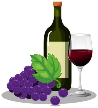 Vektör tarzı şarap şişesi, bir kadeh kırmızı şarap ve beyaz arka planda yapraklı üzümler.