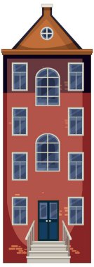 Klasik bir Hollanda konağının düz vektör çizimi, tuğla dış, simetrik pencereler, ön basamaklar